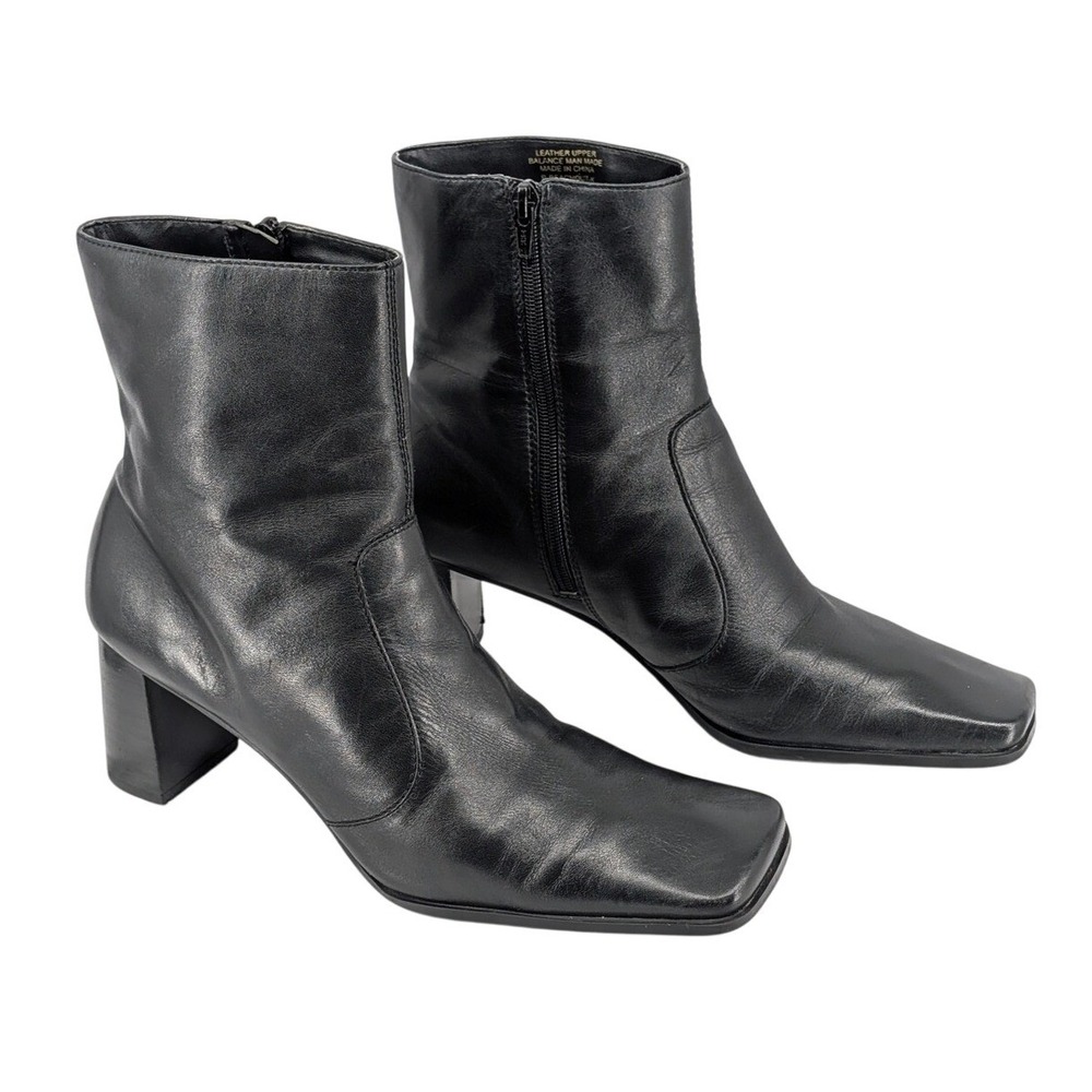 Nine & Company Ankle Boots Womens 9.5 Black Leather Square‎ Toe Block Heel Retro
